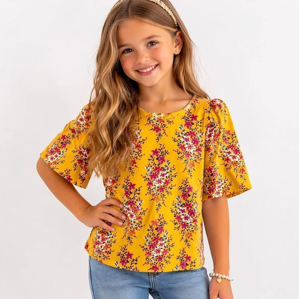 Old Navy Girls Yellow Floral Top 6/7 Flutter Sleeve Rayon Boho Spring Summer